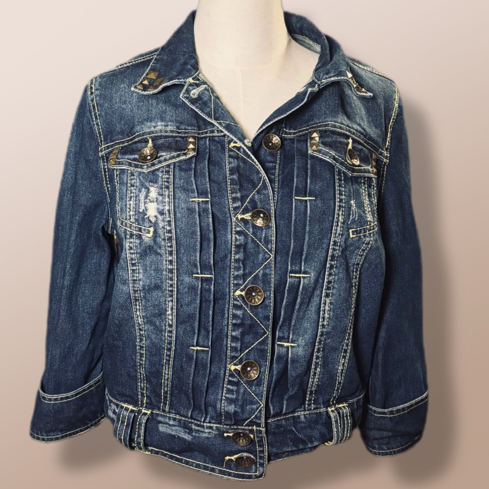 Democracy Distressed Denim Jacket with Yellow Stitching and Bronze hardware EUC - Picture 2 of 11
